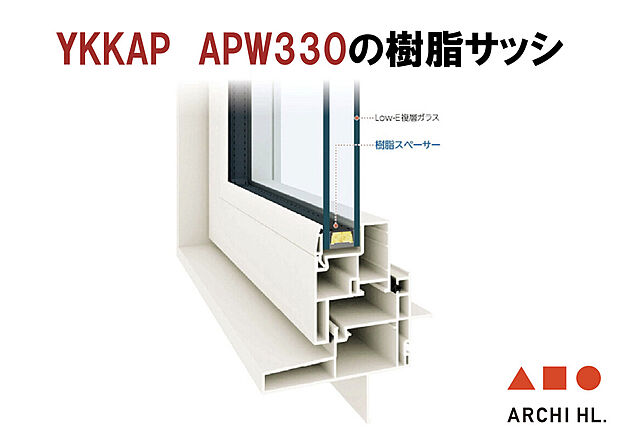 【【樹脂サッシ】】窓にはYKK AP「APW330」の樹脂サッシを採用。Low-E複層ガラスと樹脂スペーサーを組み合わせた仕様です。