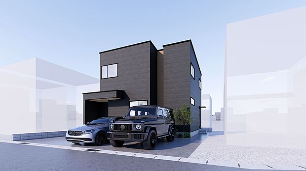 【外観(2)【A号地】】角度を変えると、箱を重ねたような立体感がより際立つデザイン。側面の植栽が黒い外壁にやわらかな表情を添えています。