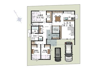 18.2帖のLDKを中心に3居室を配置した3LDKの平屋。WICやシューズクローク、水まわりをまとめた動線で、収納も家事もワンフロアで完結します。 