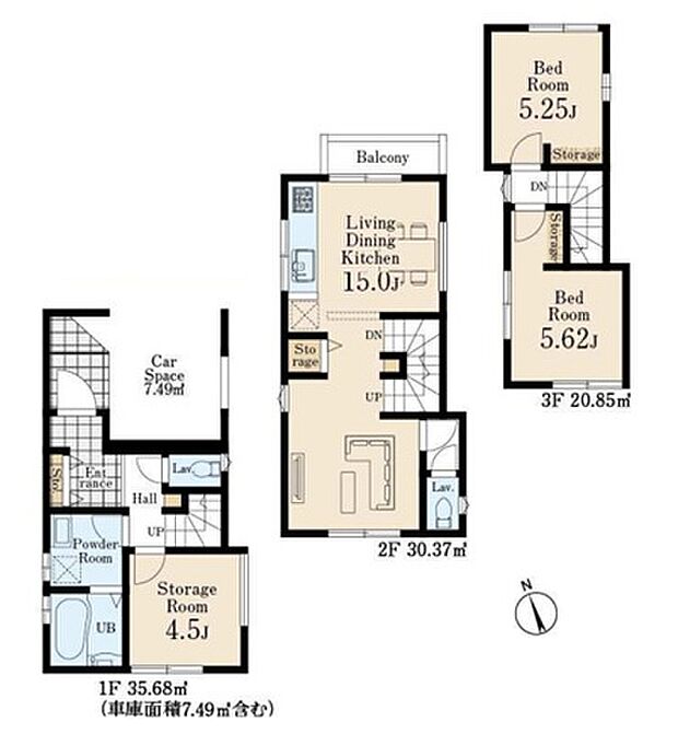 【間取り図-1号棟-】　
3LDK、土地面積51.43m2、建物面積86.90m2、南向け