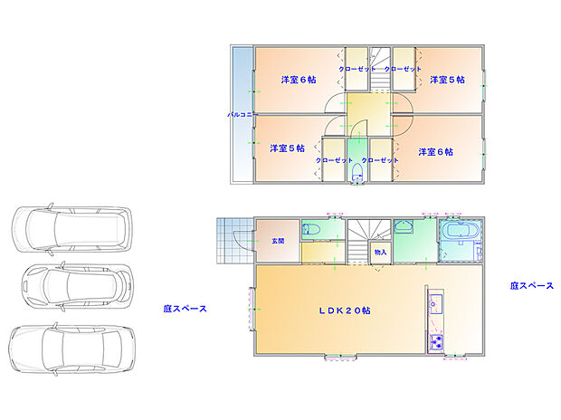 ご家族のコミュニケーションを育む、対面仕様のキッチンとリビングイン階段を採用したLDK。1階に水廻りを集約し、家事動線にも配慮しました。全居室にクローゼットなどの収納をご用意。住空間を有効活用できます