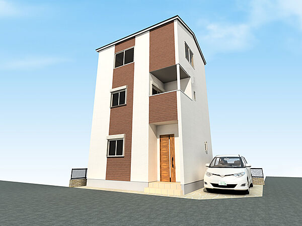 【外観イメージパース】角地に建つ開放的な「3LDK」の住まい。都心へのアクセスは良好ながら、海と川を身近に感じられる住環境です。1台分のカースペース付きです。