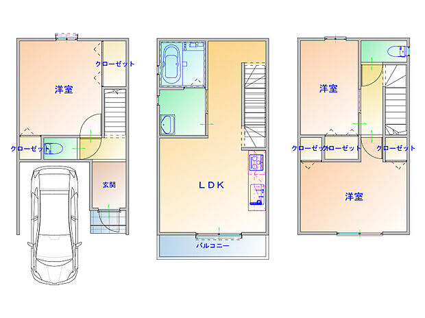 【プラン図】2階リビングを設けた3階建「3LDK」のプラン例。ご家族が顔を合わせる機会が増えるリビング階段を採用。(建物価格1670万円、建物面積93m2ガレージ・バルコニー含む)