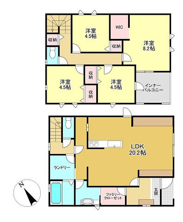 【3LDK】平坦地/角地/前道6m以上/オートバス/浴室乾燥機/浴室1坪以上/浴室に窓/駐車2台可/2階建/ウォークインクロゼット/床下収納/全居室収納/全居室フローリング/設計住宅性能評価付/建設住宅性能評価書（新築時）/長期優良住宅/LDK18畳以上/全居室6畳以上/LDK20畳以上/TVモニタ付インターホン/トイレ2ヶ所/温水洗浄便座/システムキッチン/対面式キッチン/省エネルギー対策/オール電化/太陽光発電システム/複層ガラス/フラット３５・S適合証明書
