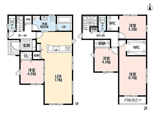 【1号棟】
4LDK、土地面積142.31m2、建物面積106.82m2