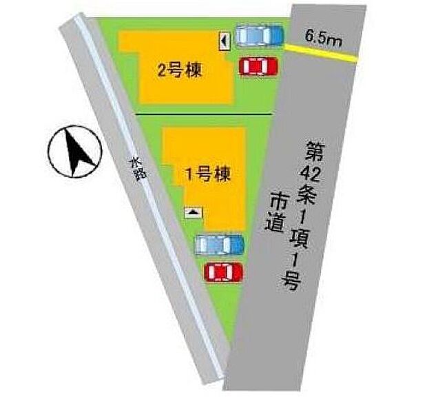カースペース並列2台分を確保☆前面道路は公道南東側約6.5m。幅広いため車の離合や駐車がスムーズです。