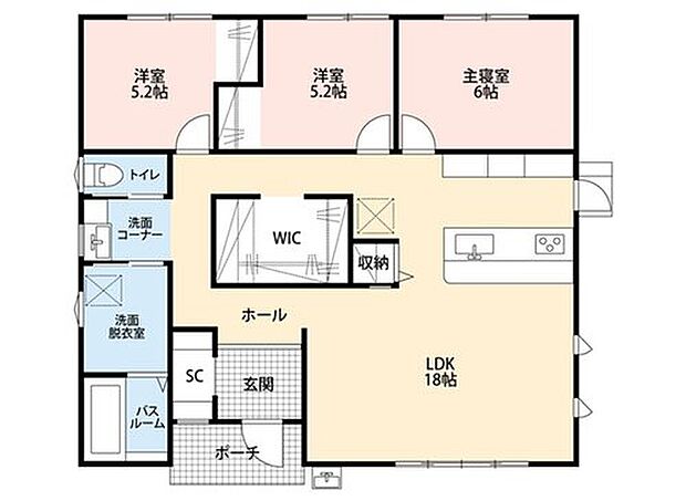 3LDK、土地面積231.1m2、建物面積88.6m2 18帖の広々LDKを中心とした3LDKの平屋♪大容量のファミリーWICやSICなど収納も充実した間取りです^^