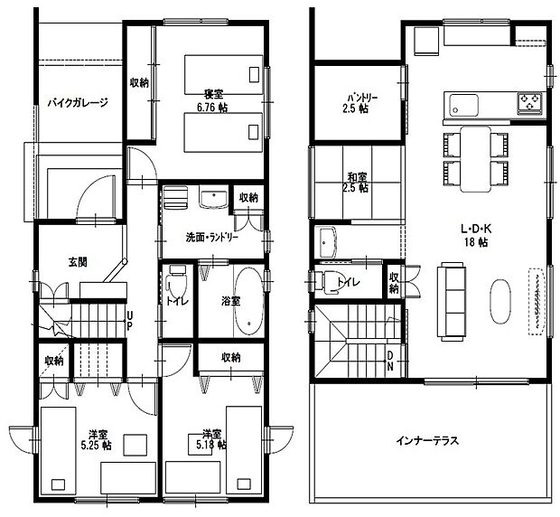 1階に3つの洋室、2階に18帖のLDKを配置した3LDKです。パントリーやインナーテラスも備えています。