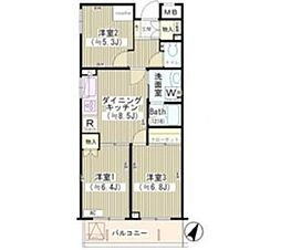 第2ゼルコーバ烏山 4階3DKの間取り