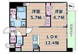 JR片町線(学研都市線) 徳庵駅 徒歩10分の賃貸マンション 5階2LDKの間取り