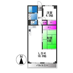 八戸ノ里第3ガーデンハイツB棟 2LDKの間取図画像