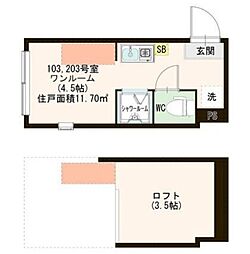 ハーモニーテラス・AVAND中村橋 2階ワンルームの間取り