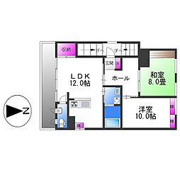 近鉄けいはんな線 新石切駅 徒歩10分の賃貸マンション 2階2LDKの間取り