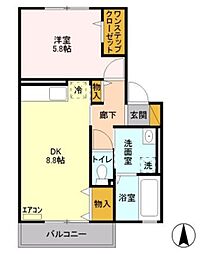 ガーデンヴィラMIYABI 2階1DKの間取り