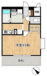 トゥールヌソル 1Kの間取図画像