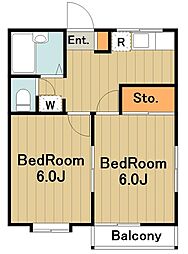 サンハイム2 1階2DKの間取り