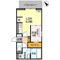 クレシア武蔵浦和 2階1LDKの間取り