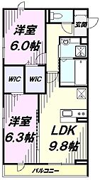 ゼファーコート2 2DKの間取図画像