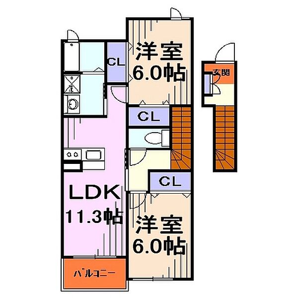 エレガンテヴィラI ｜埼玉県川口市大字石神(賃貸アパート2LDK・2階・58.48㎡)の写真 その2