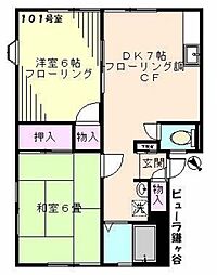 ビューラ鎌ヶ谷 1階2DKの間取り