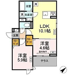 セレスティア弥生町 1階2LDKの間取り