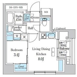 デュオフラッツ浅草蔵前 2階1LDKの間取り
