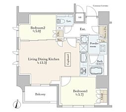 ジオ西新宿ツインレジデンス　ウエスト棟 6階2LDKの間取り