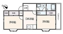 ペアタウン1号館 2階2DKの間取り