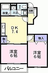 キャンパニュールA棟 2DKの間取図画像