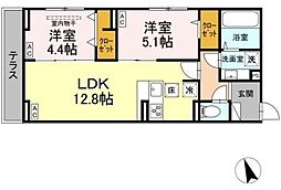 JR中央線 三鷹駅 徒歩16分の賃貸アパート 1階2LDKの間取り