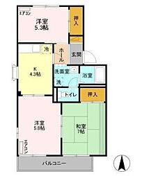 サニーコートカノウB 2階3Kの間取り