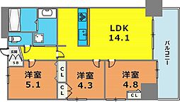 レジディア三宮東 14階3LDKの間取り