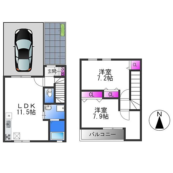 ヴィラージュ新町 ｜大阪府八尾市東山本新町６丁目(賃貸アパート2LDK・1階・62.61㎡)の写真 その2