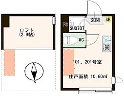 ハーモニーテラス南小岩A 1階ワンルームの間取り