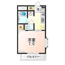 ヴィラ・ソレイユB棟 1Kの間取図画像