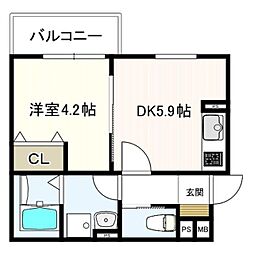 ヴェルメゾン松原東新町 1DKの間取図画像