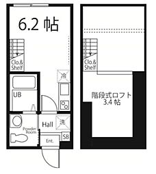 ハーミットクラブハウス下末吉 2階ワンルームの間取り