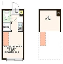 Corazon 2階ワンルームの間取り