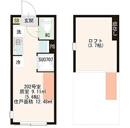 ハーモニーテラス中台 2階ワンルームの間取り
