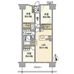 JR横浜線 町田駅 徒歩9分の賃貸マンション 9階3LDKの間取り