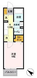 プリュネル 1階1Kの間取り
