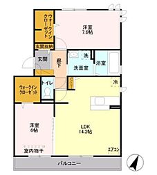 セピアコート 南館 3階2LDKの間取り