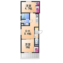 クリエオーレ南新町 2DKの間取図画像