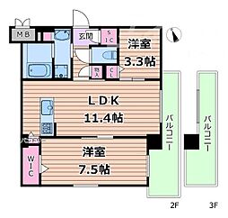 JR片町線(学研都市線) 徳庵駅 徒歩10分の賃貸マンション 2階2LDKの間取り