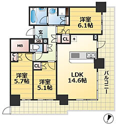 プラウドタワー神戸県庁前 13階3LDKの間取り