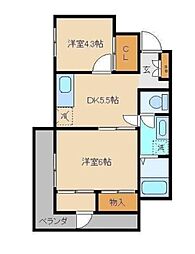 梅影ハイツ 3階2DKの間取り