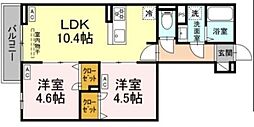 セレスティア南花畑III 2階2LDKの間取り