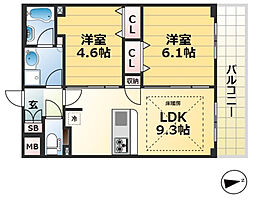 プレサンスTHE神戸 2LDKの間取図画像