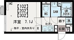 イクシオ川崎Ｗｅｓｔ Ｓｉｄｅ 2階1Kの間取り