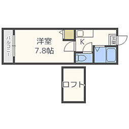 コスモフラット 2階1Kの間取り